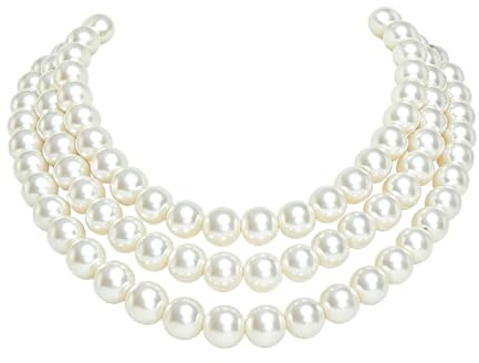 Kawailay Collier imitation perle 3 couches des années 1920 - Blanc nacré - Femme - 36cm/14.2 à 44cm/17.3