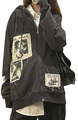 Womens Y2k Graphic Print Zip Up Hoodies Graffiti Face Portrait Patchwork Oversized Pullovers Gothic Punk Long Sleeve Drawstring Sweatshirt with Pockets (Grey, Large)