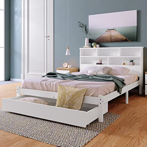 Merax Double bed with Storage, 4FT6 Wooden Storage Bed With Under Drawer and Shelves, White Bed Frame for Adults, Kids, Teenagers, 135 x 190cm