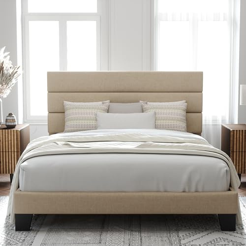 Allewie Full Size Platform Bed Frame with Fabric Upholstered Headboard and Wooden Slats Support, Fully Upholstered Mattress Foundation/No Box Spring Needed/Easy Assembly, Beige