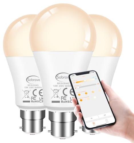 SOBROVO LED Light Bulb 13W Warm White-White 2700K-6000K 130W Equivalent B22 Smart Bluetooth Remote Control Light Bulbs - Compatible with Alexa, Energy Saving, Bayonet Fitting,Indoor Lighting 3Pack