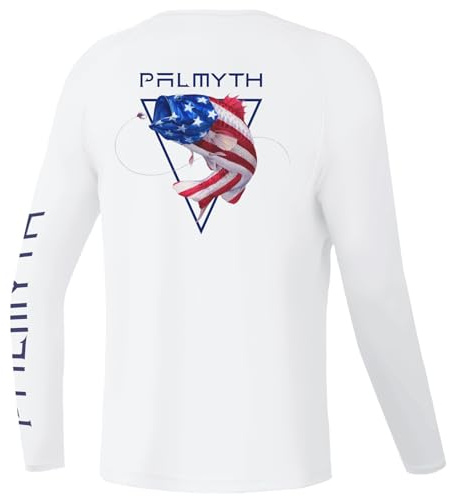 Palmyth Boys Fishing Shirt Youth Long Sleeve T-Shirt UPF 50+ Sun Protection (White/Largemouth Bass, M)