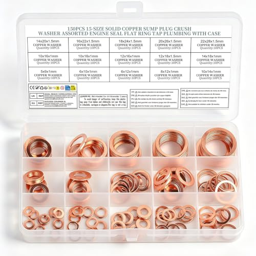 150 Pcs Copper Washers Assorted, Flat Washers Kit, 15 Sizes Sealing Ring Assortment Set, Plain with Storage Box(M5 M6 M8 M10 M12 M14 M16 M18 M20 M22