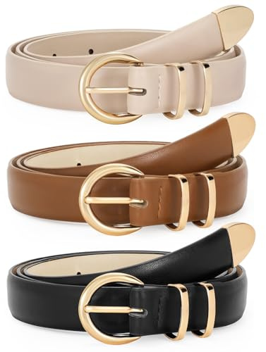 WERFORU 3 Pack Women's Leather Belts for Jeans Dresses Fashion Gold Buckle Ladies Waist Belts Black/Brown/Beige