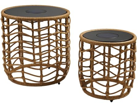 Lot de 2 tables solaires lumineuses en poly rotin avec base LED rechargeable 2X NERITA