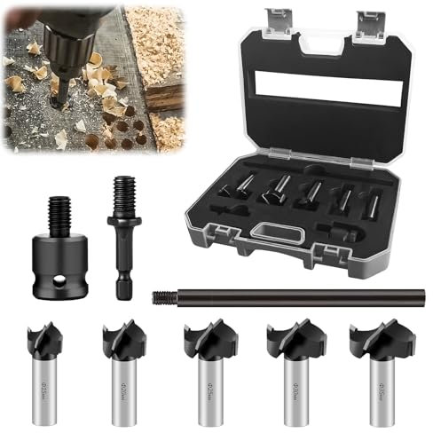 Set di 8 punte Forstner, Ø 15 – 35 mm, set di punte per legno, punte per legno, punte Forstner per legno, trapano, legno per truciolato, pannelli di fibra, con gambo rotondo, 2 connettori, asta da 150