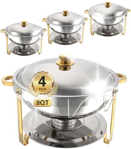 Beviliu 9 Litre Chafing Dish Buffet Set, 4 Pack 8QT Round Chafing Dishes & Food Warmers, Gold Chafing Dishe for Buffet, Stainless Steel Chafer for Catering Lid & Lid Holder, Food Warmers for Partie