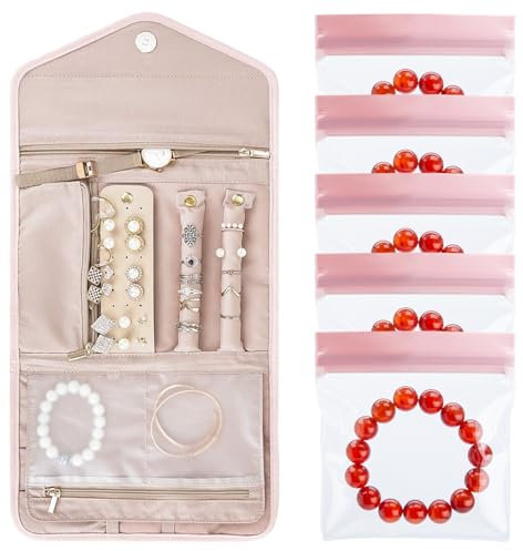 MLPKOI 6 pcs Rotolo per Gioielli Borsa, Portagioie da Viaggio, Organizer per Gioiellii, Organizer Gioiellii, Porta Gioielli da Viaggio, pper Anelli, Orecchini, Collane, Orologi, Bracciali (Rosa)