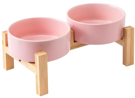 Welloyed Elevated Ceramic Dog Bowl Set - Raised Dog Bowls with Non Slip Bamboo Stand, Food and Water Bowl Set for Kitty, Cats and Toy Breed Dogs, Pet Bowls, Weighted Dogs Dishes (5.1'', 2*16OZ, Pink)