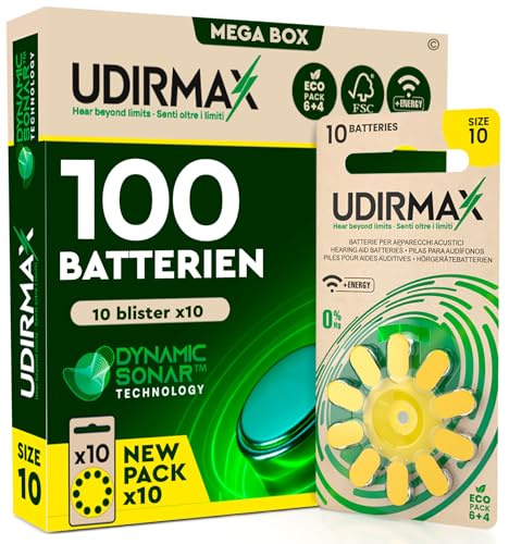 100 Pilas para Audífonos Tamaño 10 Udirmax PR70 Zinc Amarillo Eco Pack - 10 Ampollas Ecológicas de 10 Pilas