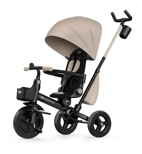 Kinderkraft AVEO 2 PRO Tricycle 6 in 1, CLICK&TWIST Rotating Seat, Reclining Both Directions, Foldable Compact Frame, UPF50+ Canopy, Freewheel, 9 Months to 5 Years, Beige