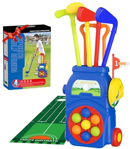 Kids golf set,Toddler Golf Set Toys with 7 Balls, 4 golf clubs, 2 Practice Holes, 1 Golf Mat & Golf Cart for Summer