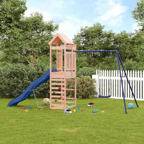 mzdioop Torre de juegos de madera maciza Douglas con columpio, tobogán ondulado, caja de arena y estructura de escalada, juguete de jardín para niños al aire libre, altura de plataforma de 118 cm