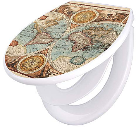 banjado Familien WC Sitz mit Absenkautomatik 44,5x37cm / Klodeckel/Klobrille mit Kindersitz aus hochwertigem Polypropylen/Toilettensitz Kindersitz integriert Motiv Historische Weltkarte