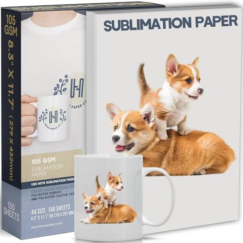 Hayes Paper Co. Sublimationspapier 150 Blatt (105g) 210 x 297 mm, DIN A4 Transferpapier, ideal für Inkjet Drucker mit Sublimationstinte, schnell trocknend, wischfest auf vielen Materialien