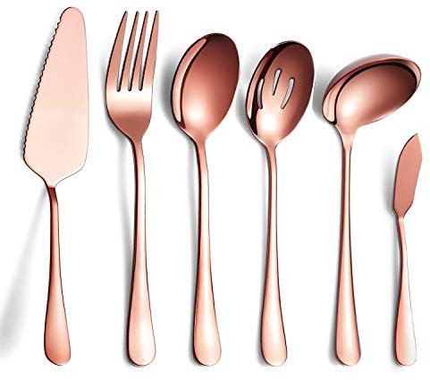 Juego de cubiertos de cobre para servir de 6 piezas, juego de utensilios para servir de acero inoxidable, incluye servidor para pasteles, cuchara para servir ranurada, tenedor para fiambres Etc
