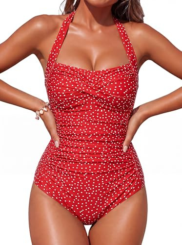 Smismivo Traje de Baño de Una Pieza para Mujer Halter Push Up Bañadores Mujer Natacion Vintage Retro Slim Elegante Bañador Control del Vientre Bañador Punto Rojo