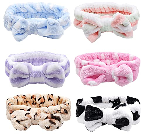 AMJKEJI 6 Pezzi Fascia Capelli Donna Trucco, Fascia Capelli Skincare, Lavaggio Viso Fascia Elastica, Bowknot Elastica Fascia per Spa, Trucco, Doccia, Terme, Massaggi