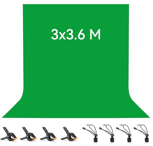 Vevelux 3 x 3,6 m grön skärm fotografi bakgrund med 8 studioklämmor | Fotobakgrund av 100 % polyester med 4 stora studioklämmor och 4 Tarp Clip, för fotostudio, video och TV