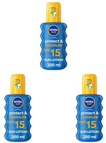 NIVEA SUN Protect & Moisture Sun Spray SPF 15 (200ml), Moisturising Suncream Spray with SPF 15, Highly Effective Sunscreen Providing Immediate, Effective UVA + UVB Protection (Pack of 3)