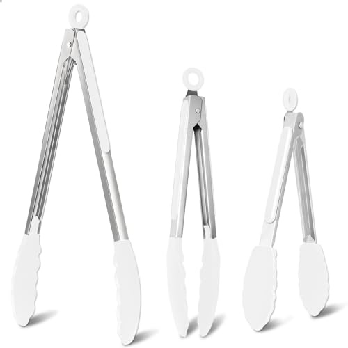 Leseed Silicone Kitchen Tongs Set of 3 Pieces, Silicone Kitchen Tongs Resistant to High and Low Temperatures, Kitchen Tongs with Safety Lock for Easy Storage