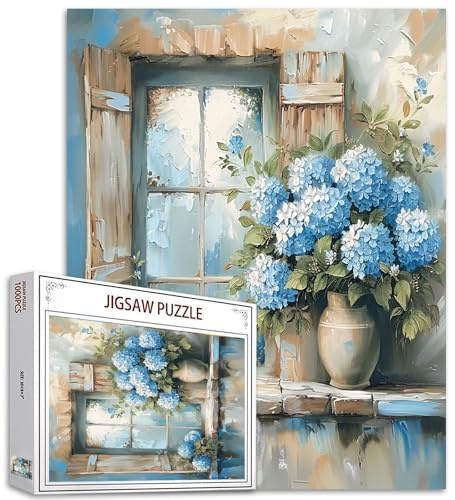 Tucocoo Puzles de hortensias para adultos, 1000 piezas, ventana rústica, flores azules, rompecabezas de arte floral, colorido, rompecabezas DIY, para decoración del hogar, regalos, rompecabezas