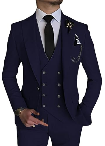 Costume élégant 3 pièces pour Homme Ensemble de Bal de Mariage à Double Boutonnage 1 Boucle Veste Gilet Pantalon Ensemble Formel (Bleu Marine,M)