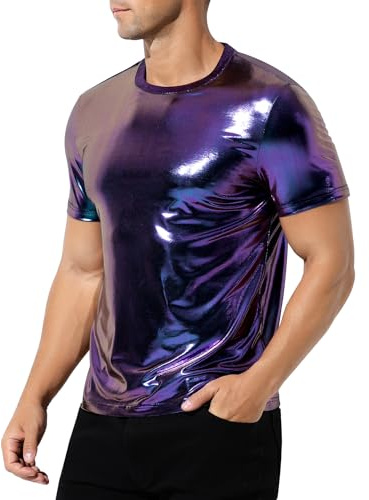 Casey Kevin Mens Metallic T-Shirts 70s Disco Outfits for Mens Holographic Short Sleeve Shiny Tops,Purple-L