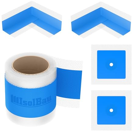 Isolbau 107B Kit de ruban d'étanchéité pour l'intérieur et l'extérieur avec ruban d'étanchéité de 5 m, 2 coins intérieurs, 2 manchons muraux, étanchéité pour douche, salle de bain, cuisine, mur