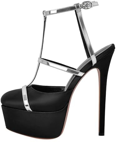 MissHeel Close Toe Silver T-Straps Stiletto High Heel Platform Sandals for Women Sexy Open-Back Heels Buckle Up Dressy Pumps Sandals Black Satin Size 5