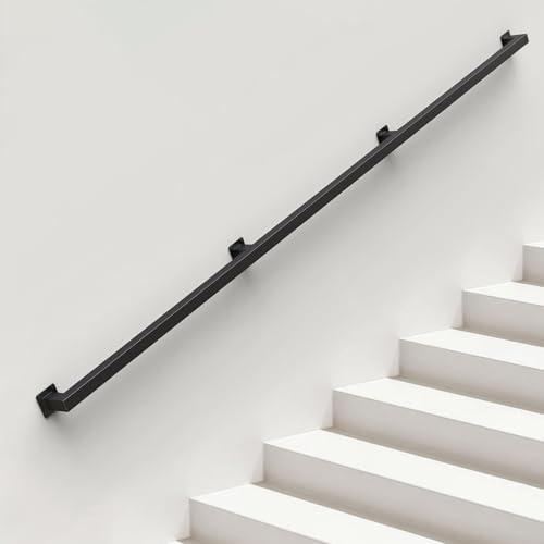 ONLT 300cm Main Courante de Tuyau Noire d'escalier avec Supports de Fixation Murale, Barres d'appui Noires rustiques et murales for Grenier d'escalier/Couloir/Villas/loft
