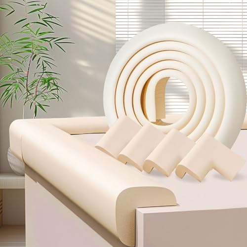 ZOMPAGO Baby Proofing Corner & Edge Protectors, White Foam L-Shape Self-Adhesive Bumper Strip + 4 Corner Guards, Baby Safety Bumpers for Nursery, Kitchen, Fireplace, Table & Furniture