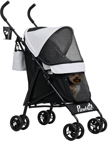 PawHut Poussette chien, poussette pour chien 4 roues, chariot pour chien, structure parapluie, légère, pliable, roues en EVA, sac de rangement, poussette chat charge 4 kg, gris clair