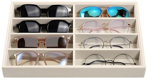 Emibele Scatola per Occhiali con 8 Scomparti, Espositore in Velluto per Occhieli da Sole Supporto Cassetto Organizzatore Vassoio Portagioie con 8 Griglie e Divisori Interni Staccabili, Beige