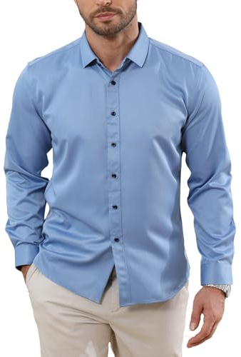 Halfword Camicia Uomo Maniche Lunghe Elegante Formal Business Casual Stretch Facile da Stirare Regular Matrimoni Party Blu L