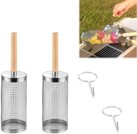 Fleymu Grill Roulant 2 Pièces avec Poignée Amovible - Panier de Cuisson en Acier Inoxydable 304 pour Légumes, Viande, Barbecue - Idée Cadeau Anniversaire Homme et Papa