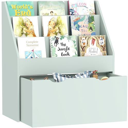 AIYAPLAY Kids Bookshelf Bookcase Storage Organiser, 3 Tier Shelves Green | Drawer, Bedroom, Nursery, Playroom, Classroom