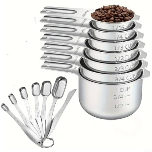 Eawfgtuw Juego de 14 tazas y cucharas medidoras de acero inoxidable con nivelador para cocinar y hornear, 8 tazas a taza y 8 cucharaditas a cucharadas, métricas y