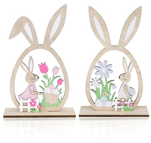 DRERIO Figuras de conejos de Pascua, 2 unidades, decoración de Pascua para el hogar, cartel decorativo de conejo de madera, granja, conejo rústico con huevo, bandeja de Pascua, decoración de estrellas