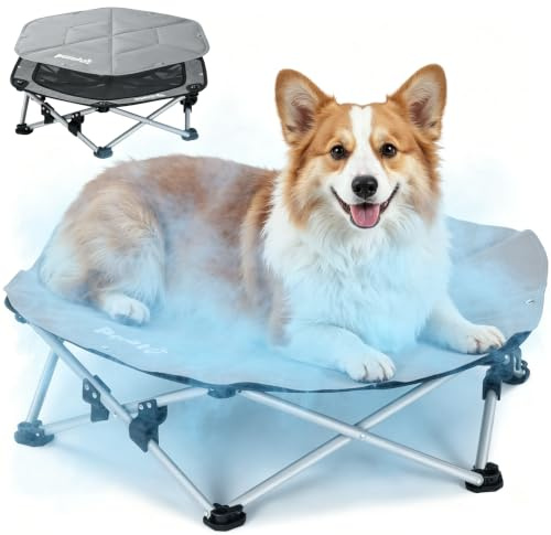 Pecute Tapis Rafraichissant Chien avec Lit Chien Sureleve Rafraîchissant, Panier Chien Pliable Portable, Respirant Antidérapant, Jusqu'à 60 kg, Intérieur Extérieur, Taille L 81x75x20cm