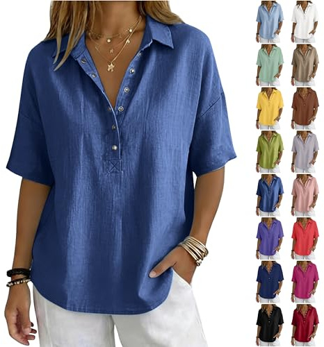 Blouse Femme Chic et Élégant Col V Manches Courtes Couleur Unie Tunique Femme Grande Taille en Coton et Lin Ample Fluide Vetement Ete Gaze Double Chemisier Chemise Longue