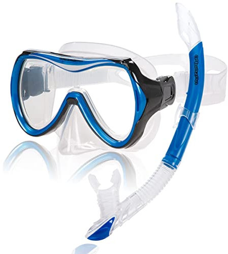AQUAZON Capri Hochwertiges Schnorchelset, Tauchset, Schwimmset, Schnorchelbrille mit Tempered Glas, Schnorchel mit Semi Dry top für Kinder, Jugendliche Von 7-12 Jahren, Farbe:Blue