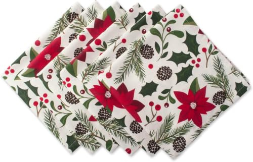 DII Woodland Holly Christmas Holiday Kitchen & Table Décor, Napkin Set, 20x20, Poinsettia & Christmas Greenery, 6 Count