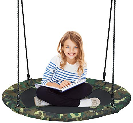 COSTWAY Ø100cm Nestschaukel Kinderschaukel, Rundschaukel 100-160cm Seil, Tellerschaukel 150kg Tragkraft, Hängeschaukel Outdoor (Tarngrün)