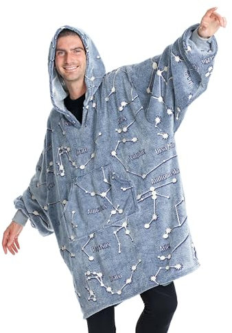 Kanguru - Felpa Coperta Donna con Cappuccio Glow, Plaid Pile Oversize con maniche, Hoodie, Pigiama Invernale, Idea Regalo Compleanno Natale Donna Uomo, Divano, 90x95 cm Stelle Blu si illumina al buio