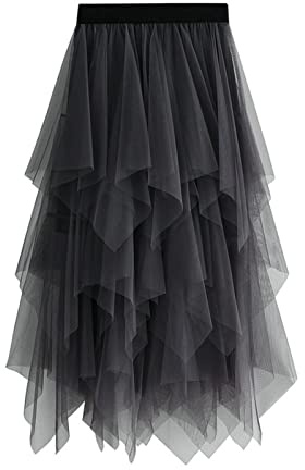 SotRong tutu/tyllkjol för kvinnor med elastisk hög midja, lager, nät, balett, bröllopsfest, bal, midi, A-linje, veckad, vadlång kjol, G-grå, en storlek