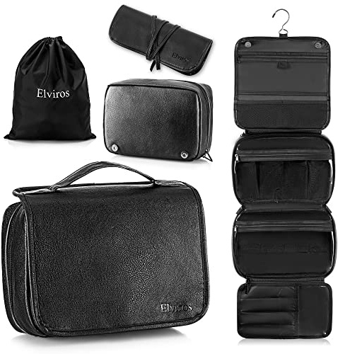 Elviros Kulturbeutel für Herren, Geschenke für Männer aus PU-Leder, kulturtasche zum aufhängen, 3 in 1 multifunktional abtrennbare kulturtasche, Waschtasche große wasserdichte Reise-Kosmetiktasche
