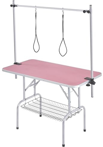 Yaheetech Table de Toilettage pour Chien/Chat/Animaux Réglable 118 x 60 x 177 cm avec Panier de Rangement en Maille Grande Surface Antidérapante et Double Sangle Table Pliante Rose