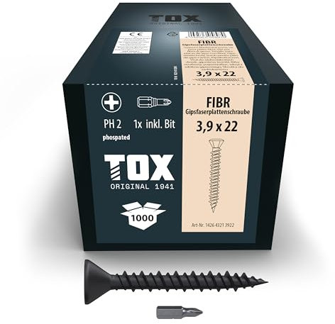 TOX Gipsfaserplattenschrauben FIBR 3,9 x 22 mm, Schrauben schwarz phosphatiert mit Senkkopf + HiLo-Gewinde für Metall- und Holz-Unterkonstruktionen, PH2, 1000 Stück, inkl. 1x Bit, 142643213922