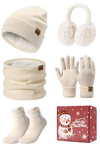 PASUDA 5pcs Ensemble Hiver Femme 5 en 1 Bonnet Echarpe Gant Tricoté Chaud Écharpe de Doublure Polaire Gants d'écran Cache-Oreilles Chaussettes Thermiques Pour Ski Sports Extérieur